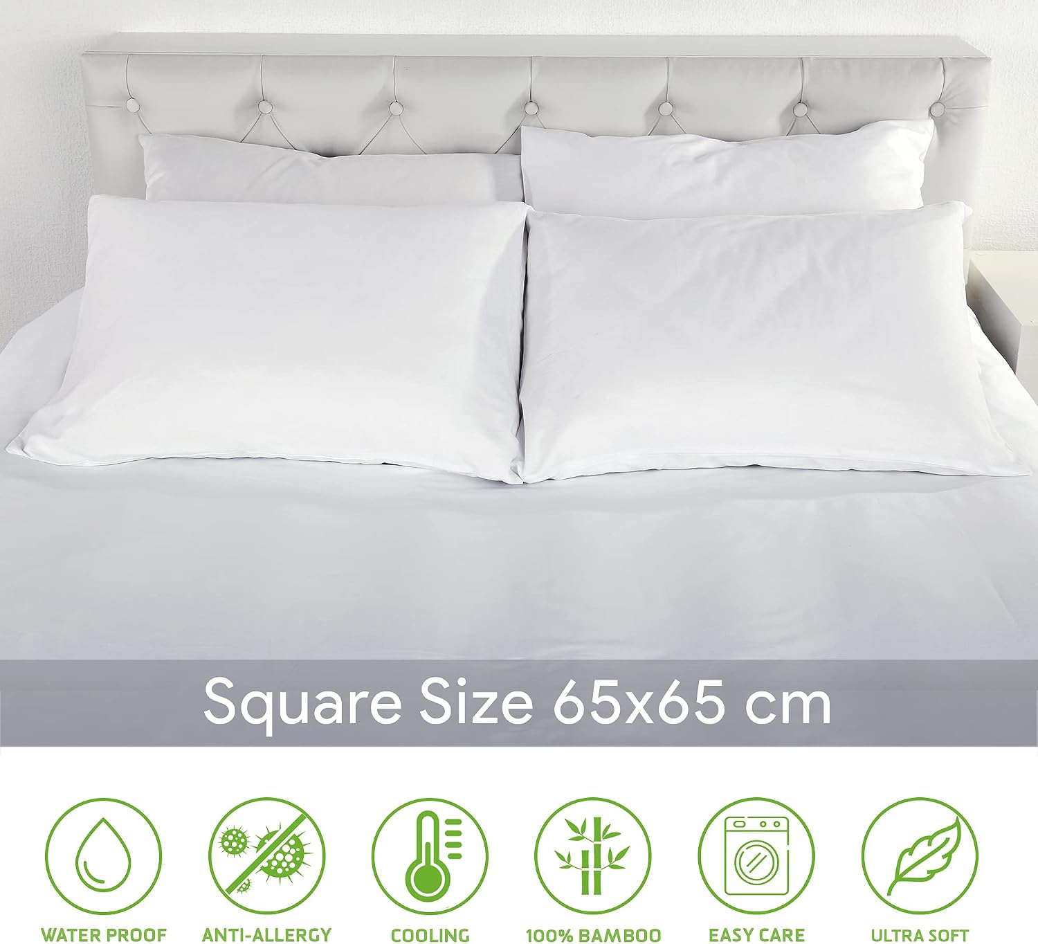 Pillow Protectors 2 Pack 65x65cm, 100% Bamboo Triple Layer with Zip, Waterproof Pillow Protectors, Breathable, Hypoallergenic - Image 3