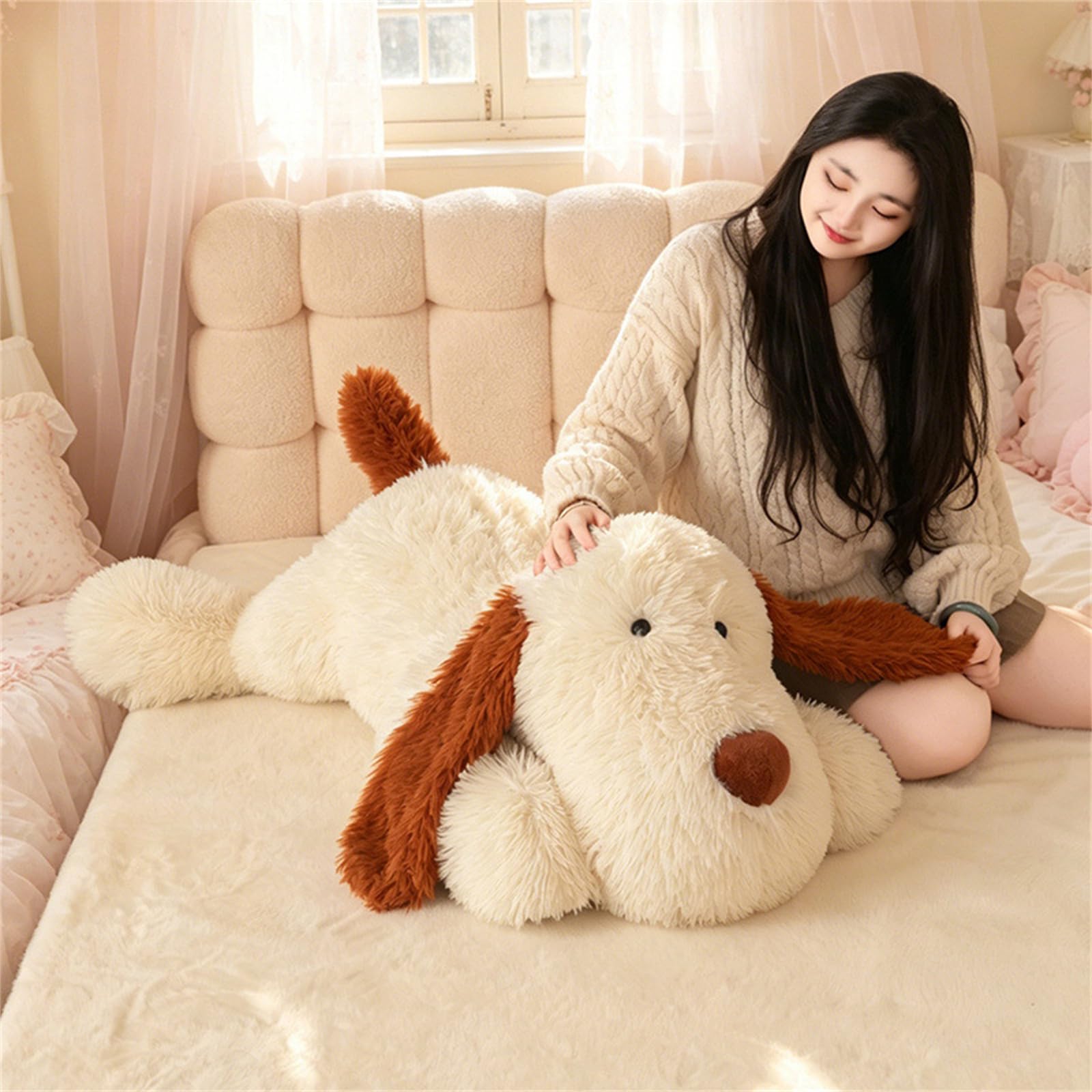 Kuscheltier Hund, Liegendes, Groß Hund Plüschtier Kissen, Flauschiges Stofftier für Kinder, Geschenke für Kinder und Erwachsene (120cm,Platschhund)