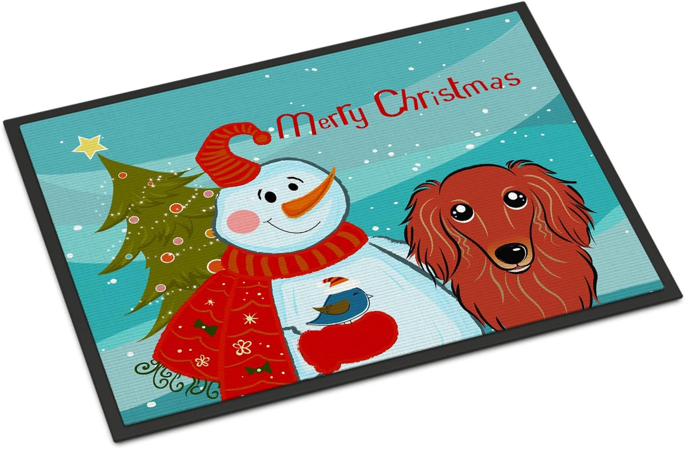 Caroline's Treasures BB1834JMAT Snowman with Longhair Red Dachshund Doormat 24x36 Front Door Mat Indoor Outdoor Rugs for Entryway, Non Slip Washable Low Pile, 24H X 36W