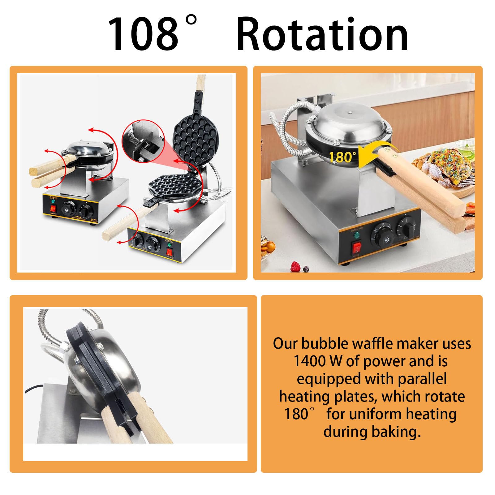 Máquina para Hacer Gofres Burbujas Comercial,Plancha Hojaldre con Burbujas Huevo 1400 W/Mango Madera Y Giratorio 180°,Panadero Acero Inoxidable,Ajustable A 50-250 ℃