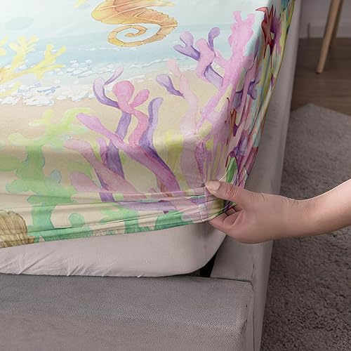 Miniatura 4 de AILONEN Juego de sábanas bajeras de sirena tamaño Queen, hermoso juego de sábanas de sirena, lindos animales marinos, juego de ropa de cama de