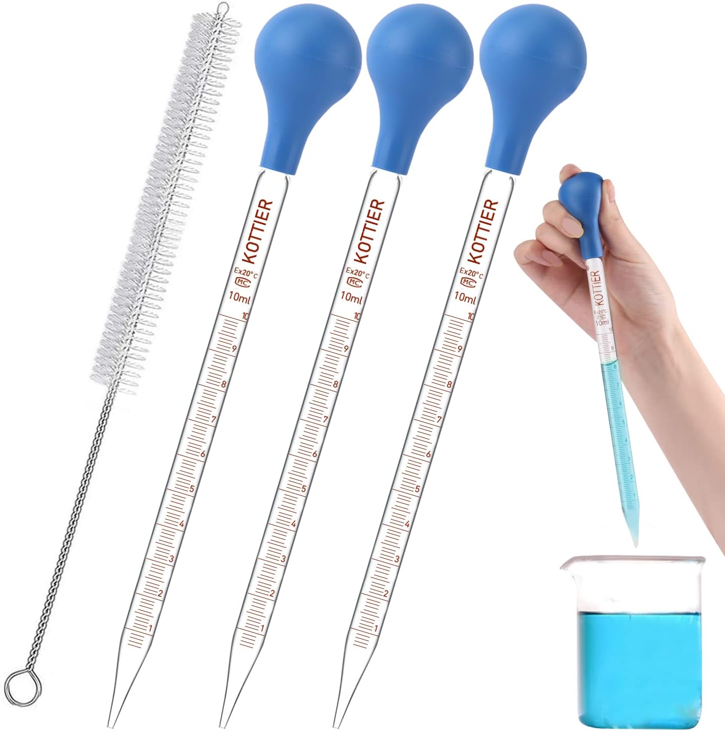10ml Glass Pipettes Dropper, Lab Graduated Dropper for Liquid Essential Oil, Glass Transfer Pipette with Rubber Bulb and Cleaning Brush (3 pieces)