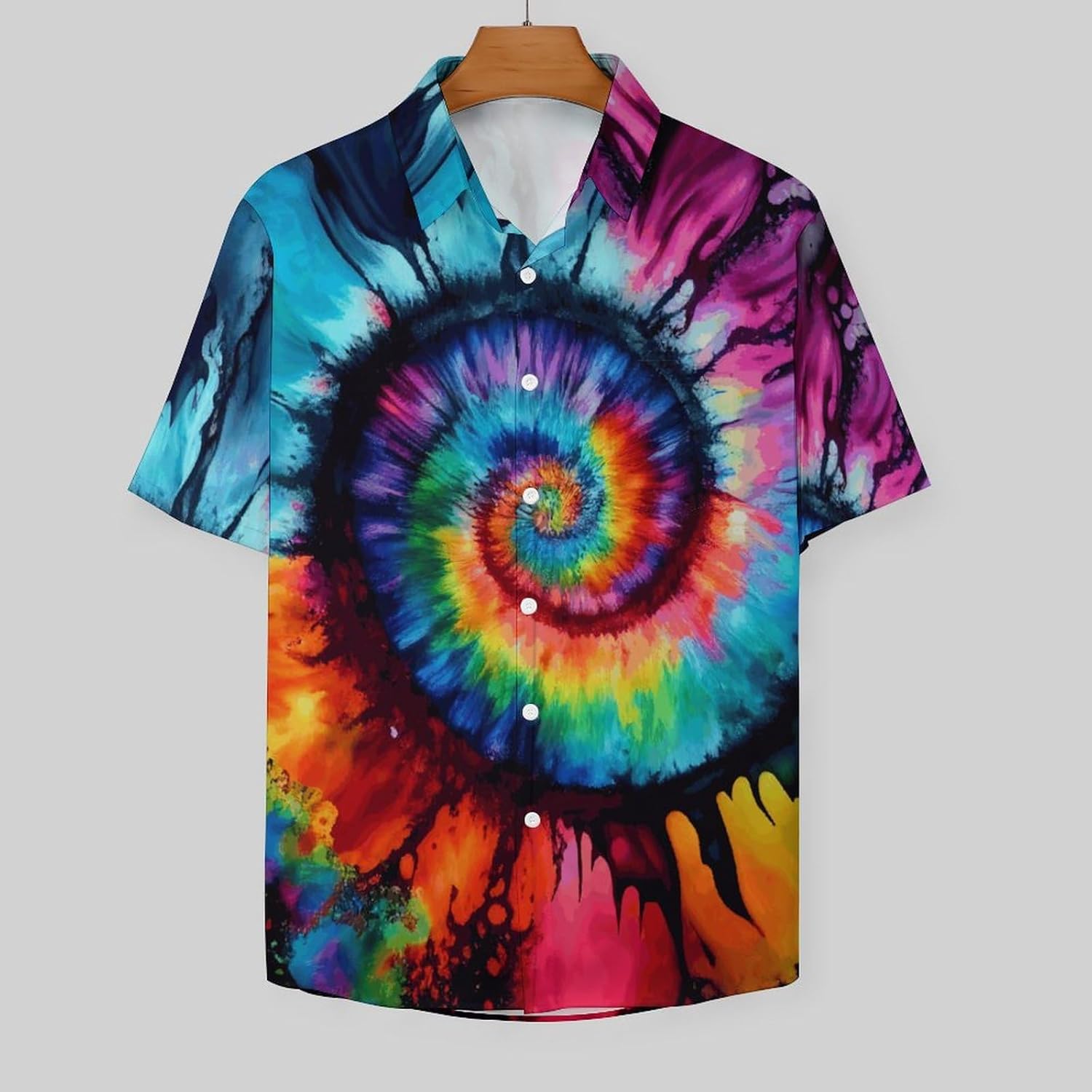 TiwBski Hawaiian Tie Dye Style Shirts for Men Rainbow Print Button Down Shirt Short Sleeve - Image 3