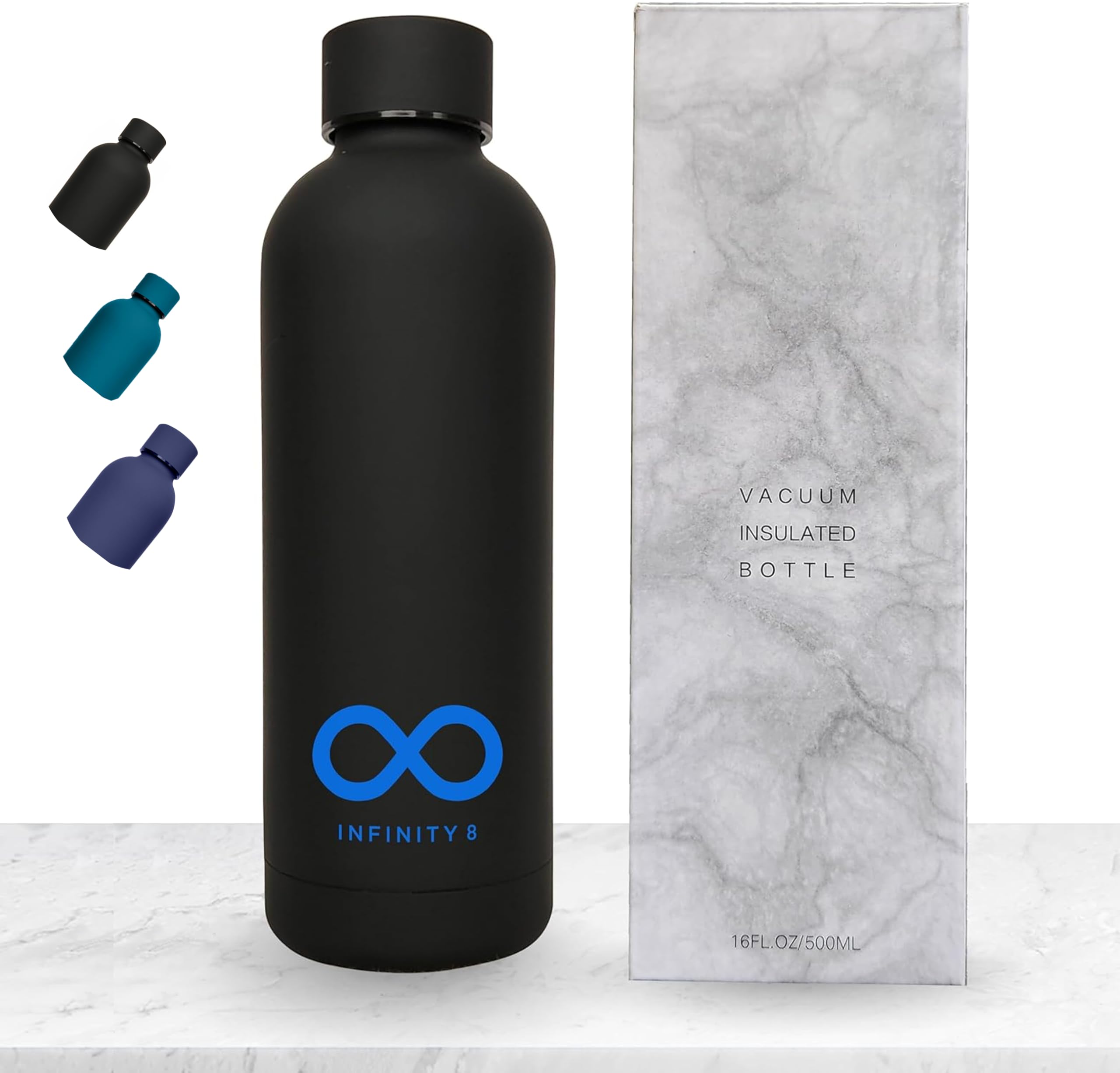 INFINITY 8 Water Bottle, Stainless Steel Flask, 500 ML/17 OZ, Double Wall Vacuum Insulated, Leak Proof, Hot and Cold, BPA Free, perfect for kids, school, office, gym and sports (Matte Black)