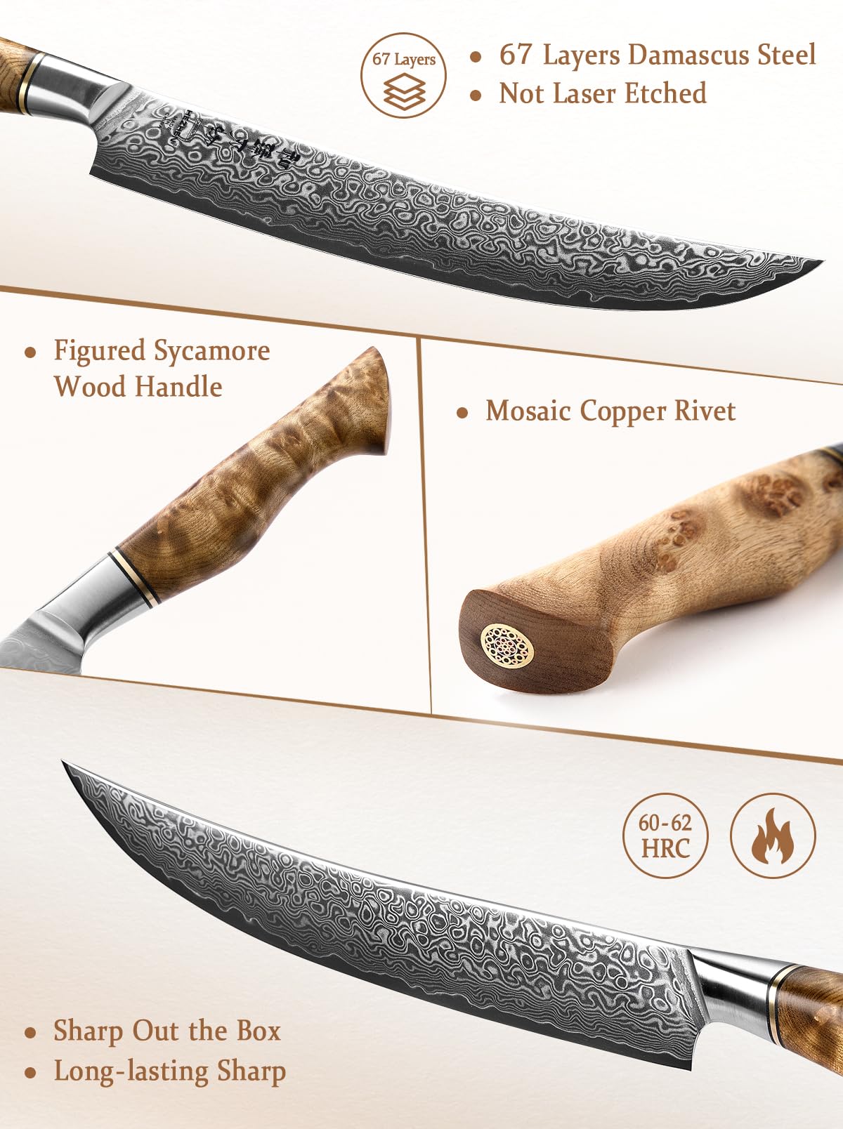 HEZHEN Damast Tranchiermesser, Damaststahl Fleischmesser Professionelle Slicer Messer, Zum Schneiden von Truthahn, Grill