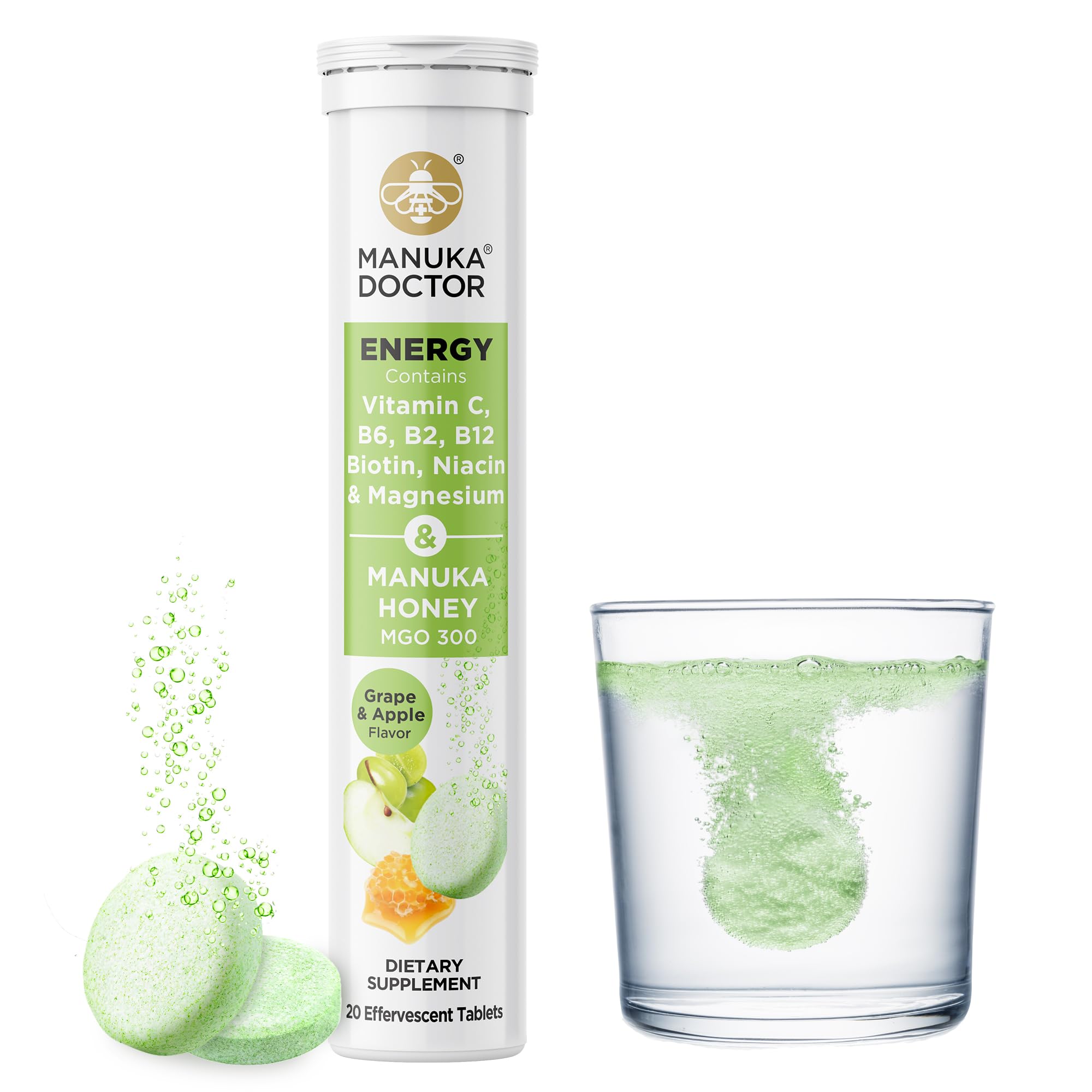 Manuka Doctor Energy* Daily Energy Drink Supplement with Manuka Honey, Vitamin C, Vitamin B's, Biotin, Niacin & Magnesium, Grape & Apple Flavor, 20 Effervescent Tablets