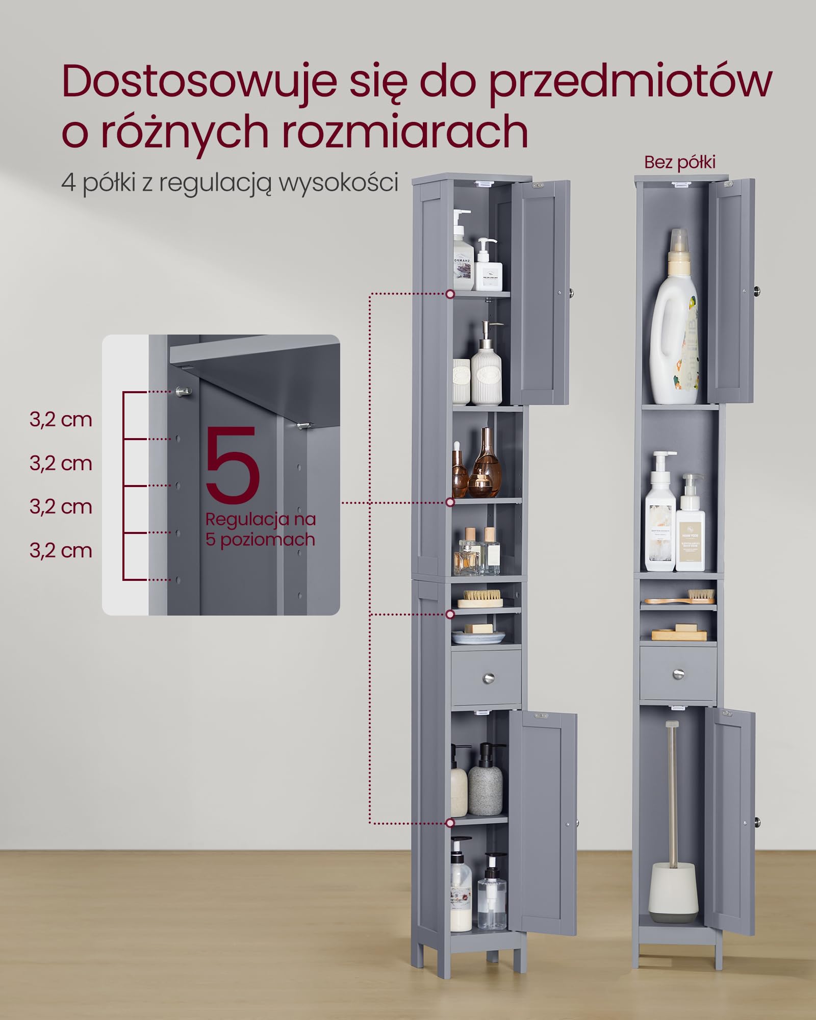 VASAGLE Szafka łazienkowa, wysoka, wąska, z regulowanymi półkami, szufladą i otwartymi przegródkami, do małych przestrzeni, nowoczesna, gołębia szarość BBC765G02