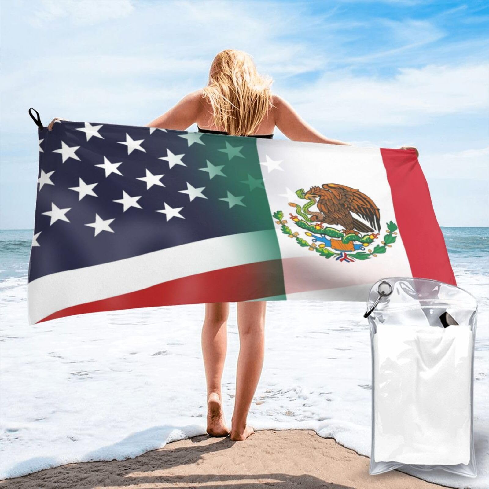HACXZ Funny America Flag and Mexico Flag Absorbent Beach Towel Microfiber Beach Shower Towel 31.5"X63"