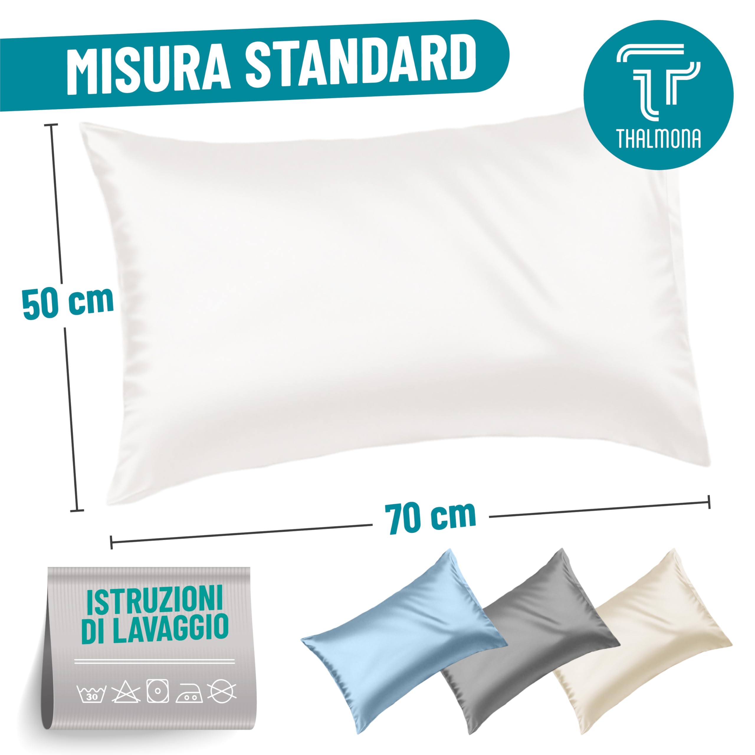 THALMONA Set Federe Cuscino Letto 2 Pezzi 50x70 Cm – Copricuscino Letto Morbido Elegante con Chiusura Zip Resistente, Facili da Lavare Antipiega Traspiranti, Anallergiche in Poliestere (Bianco)