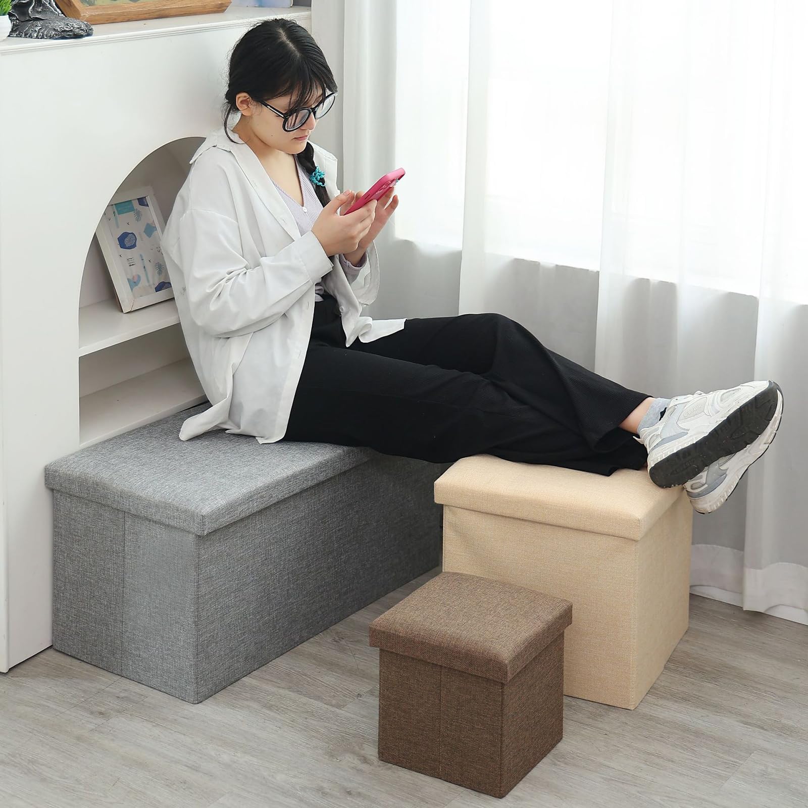 SET OF 2 Cotton Linen Foldable Storage Bench, Large Fabric Ottoman For Clothes Shoes, Multi-Function Shoe Bench(SET OF 2 Khaki,76x38x38cm(30x15x15in))