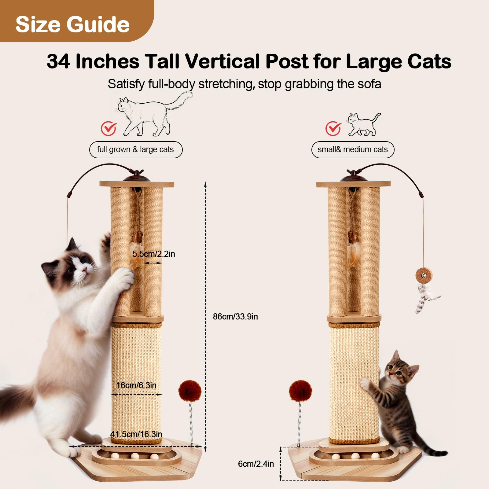 Odoland Kratzsäule, Kratzbaum für groß Katzen Cat Scratching Post XXL Sisalseil stabil Katzenbaum hoch 86cm mit interaktivem Laufball, 360° drehbares Katzenspielzeug