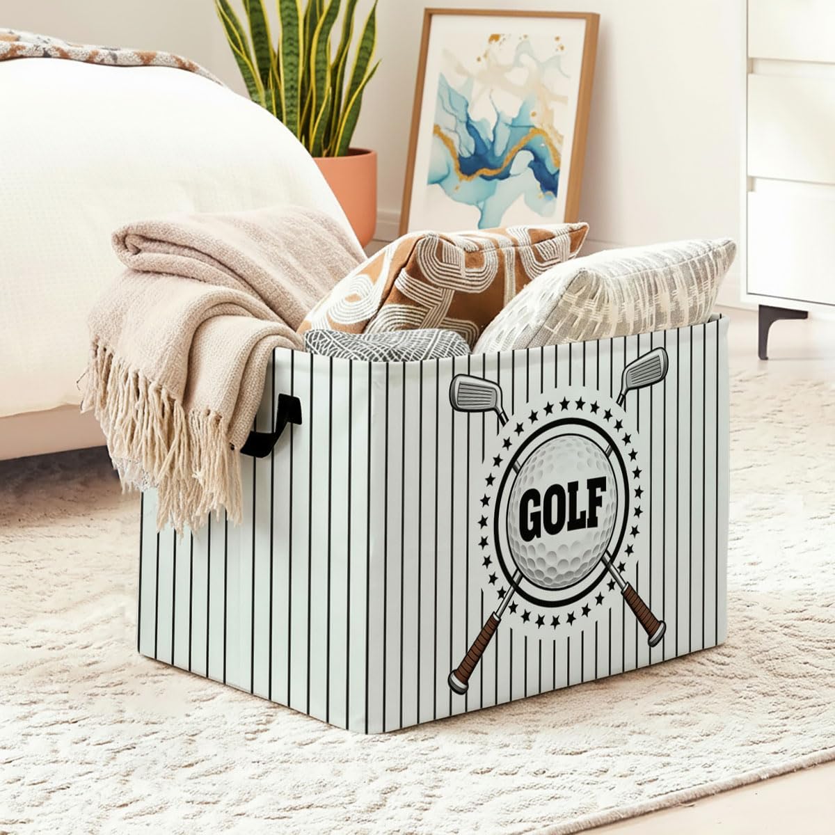 Golf Laundry Hamper with Handles,Large 56L Foldable Square Clothes Basket Multi‑Use Blanket Storage Bins for Organizing Books,Toys,Gifts,Room Decoration,Laundry Room,Dorm Nursery