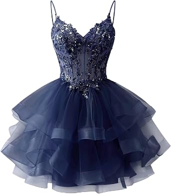 Sparkly Tiered Lace Homecoming Dresses Short Beaded Tulle Prom Dress Puffy DAMA Dress for Quinceanera