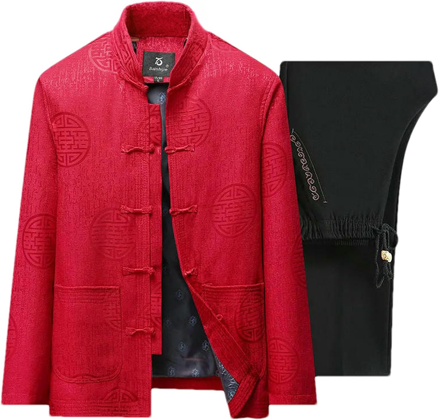JXQXHCFS Men’s Traditional Chinese Tang Suit 2-Piece Set Mandarin Collar Frog Button Jacket Pants Tai Chi Kung Fu Outfit