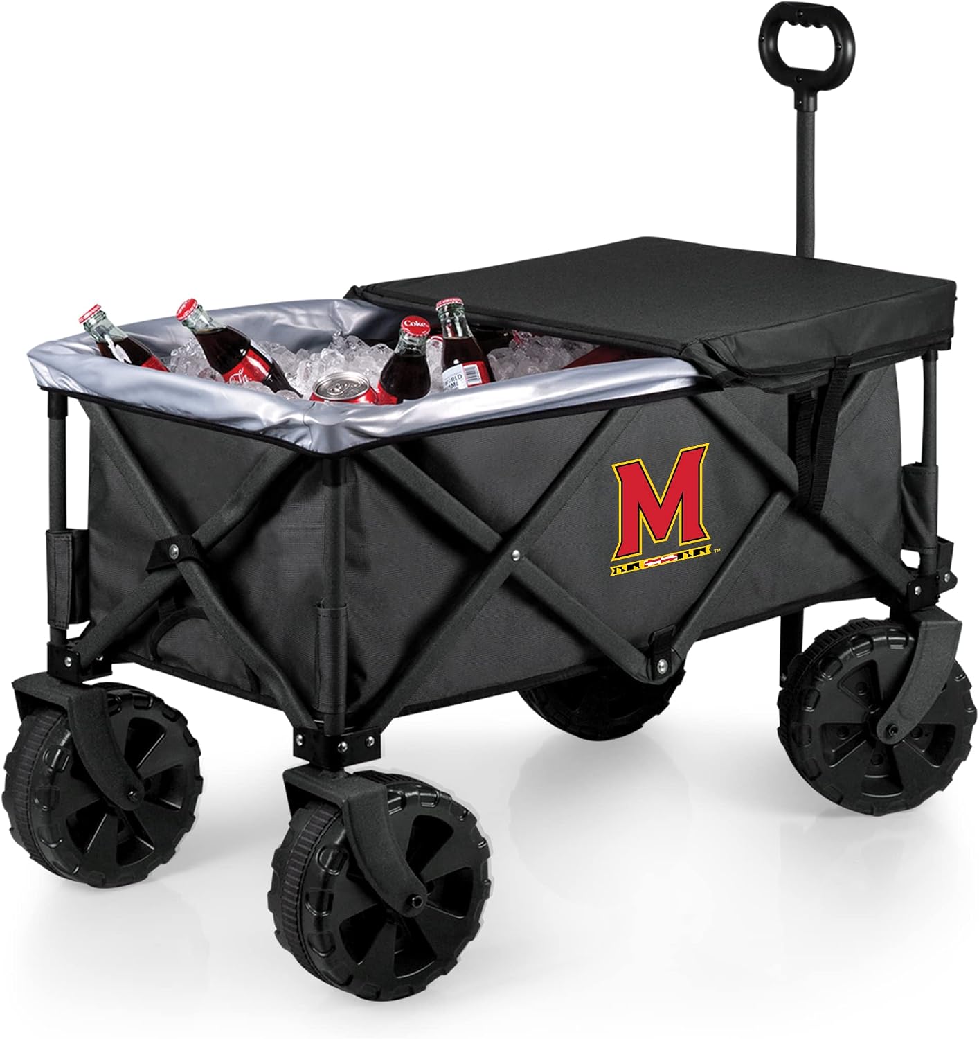 PICNIC TIME NCAA Adventure Wagon Elite All-Terrain Folding Beach Wagon with Big Wheels Plus Table Top Lid & Soft Cooler Liner, (Dark Gray)