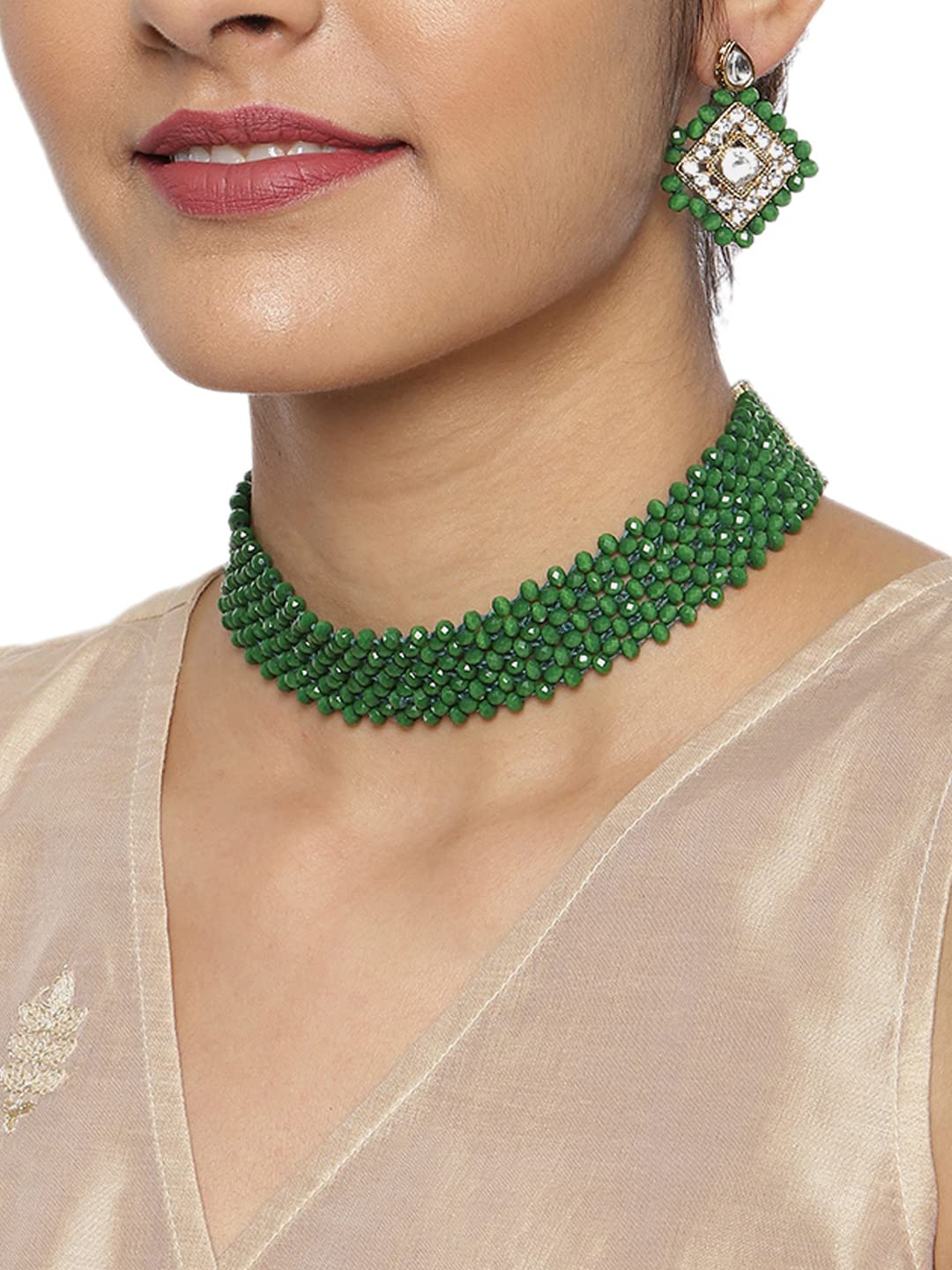 Women's Green Beaded Classic Necklace Set