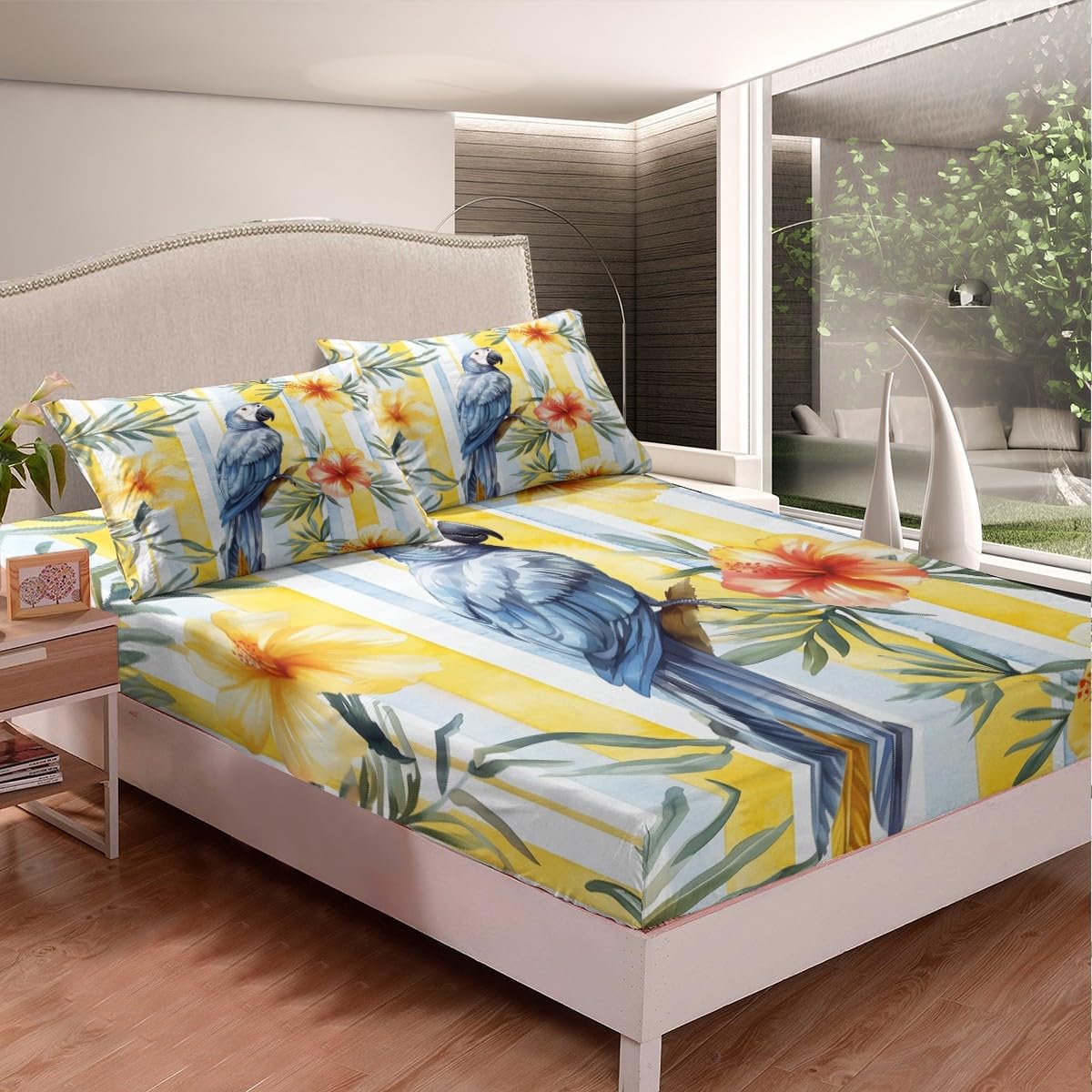 Blue Parrot Fitted Sheet Full Size Tropical Flowers Botanical Bedding Set 3Pcs(No Flat Sheet) Jungle Animal Birds Bed Sheet for Boys Girls Teens Room Decor Geometric Stripes Deep Pocket Sheet