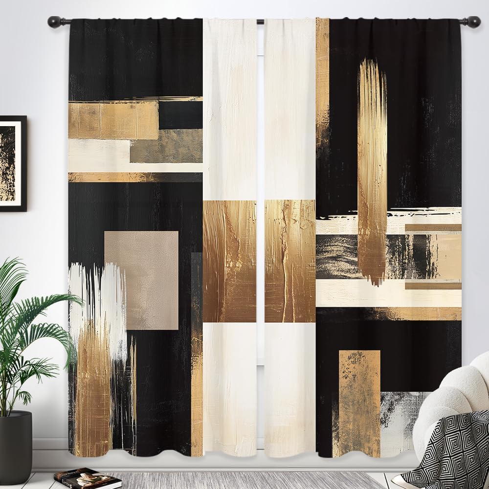 Riyidecor Black Gold Abstract Curtains Boho Modern Aesthetic Oil Painting Artistic Contemporary Golden Beige Rod Pocket Simple Neutral Bedroom Living Room Treatment Fabric 2 Panels 52Wx84H Inch