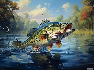 QACEYID 5D Diamond Art Painting Bass Fish Jump Out Full Drill Diamond Art Painting by Number Kits for Adults Round Beads Mosaic Cross Stitch for Wall Decoration 12x16inch
