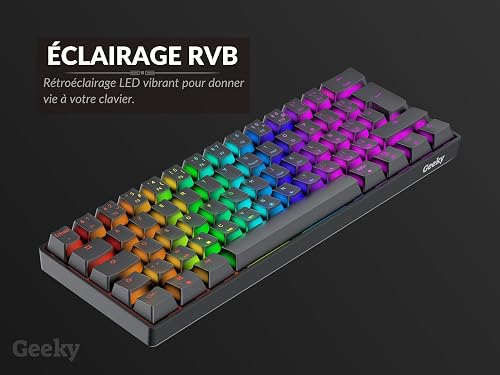 Geeky GK61 60% | Hot Swappable Mechanical Gaming Keyboard | 62 Keys Multi Color RGB LED Backlit for PC/Mac Gamer | ISO FR AZERTY French Layout (Black, Mechanical Speed Silver) - 8