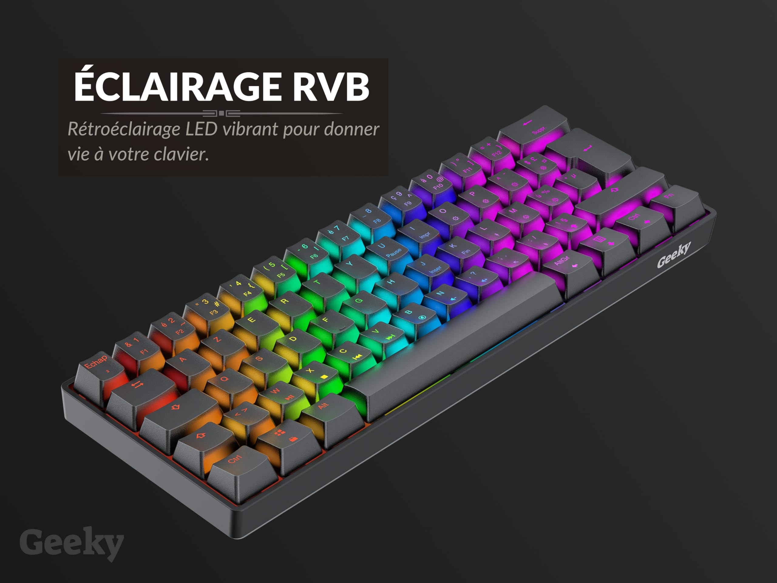 Geeky GK61 60% | Hot Swappable Clavier de Jeu Mécanique | 62 Touches Multicolores Rétroéclairées RGB LED pour Gaming PC/Mac | ISO FR AZERTY Clavier Français (Noir, Mechanical Speed Yellow)
