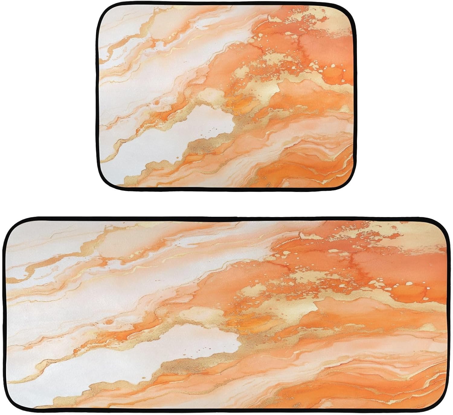 Burbuja Orange Marble Kitchen Rug and Mat Set of 2, Absorbent Washable Non Skid Comfort Standing Floor Mat for Kitchen Bathroom Living Room Sink Laundry