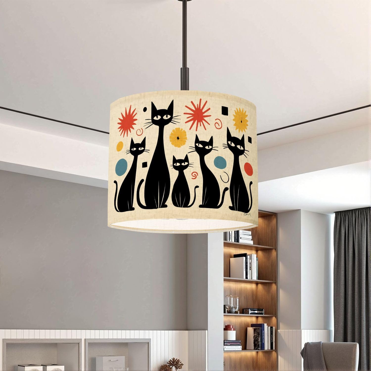 Lamp Shades Large Lamp Shade Mid Century Modern Atomic Cat Diamonds Black Retro Abstract Linen Shade for Pendant Light Table Lampshade Floor Lampshades Drum Boho 1 Pack Replacement