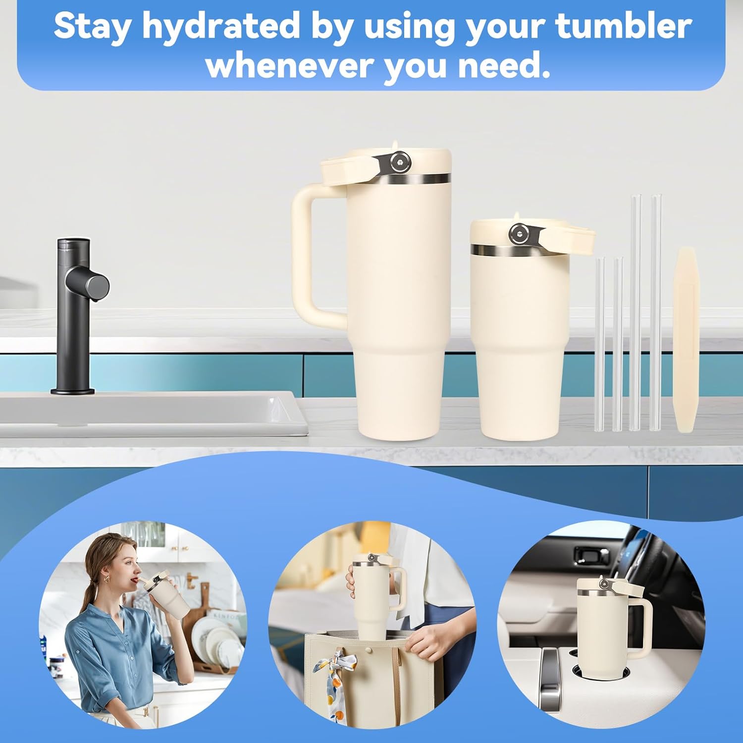 Flip Straw Lid for Stanley 30oz and 20oz, Leak Proof Top Replacement with Handle for 30&20 oz Stanley Quencher and ProTour, Detachable No Spill Lids Reusable Lids Accessories for StanleyCup, Cream