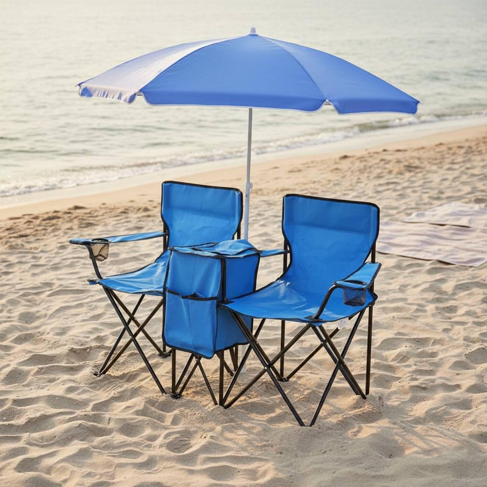 Doppelsitz Campingstuhl Klappstuhl Strandstuhl Liegesessel mit Sonnenschutz Kühlfach Halterungen Seitentaschen Starke Konstruktion Schnell Faltbar, Schwarz