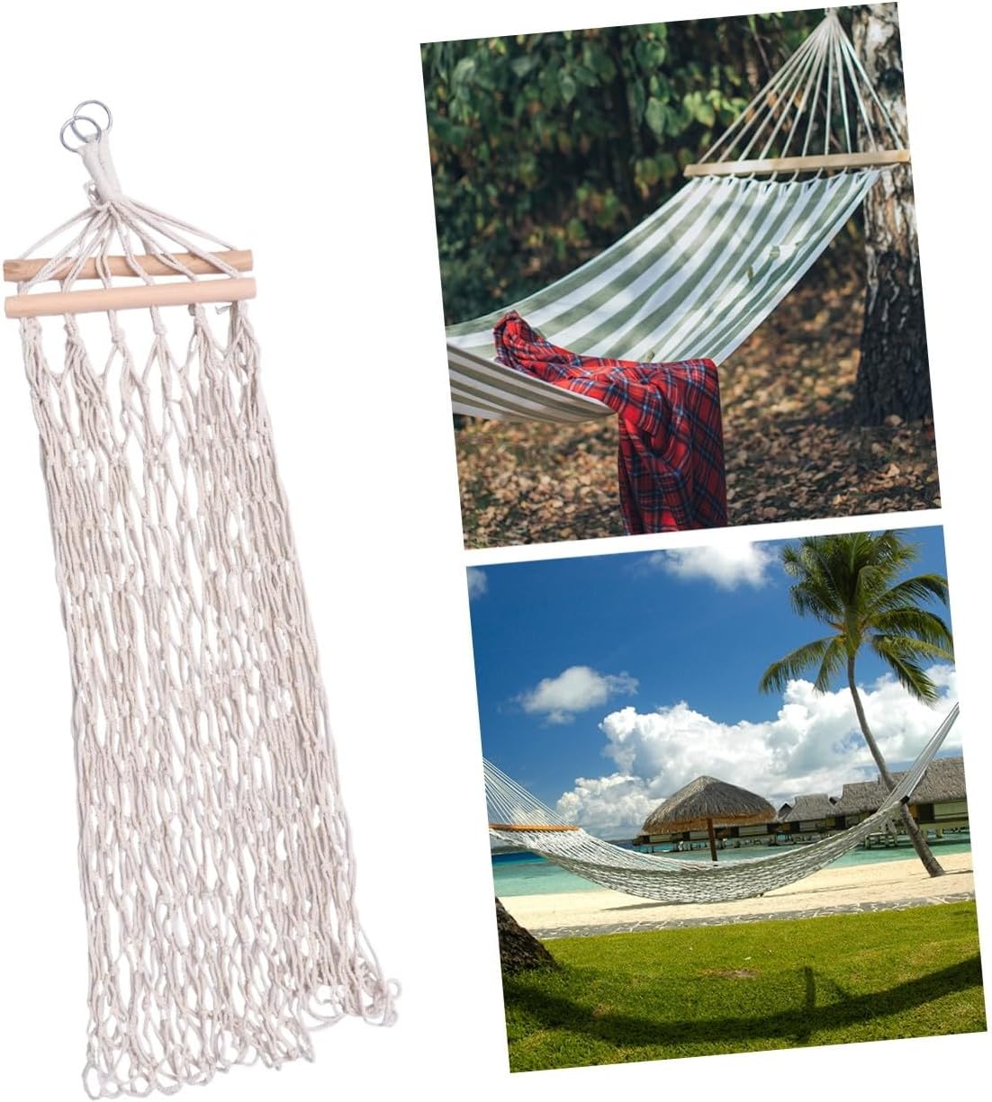 Outanaya Cotton Rope Hammock Swing Hanging Sleeping Bed Mesh Portable Single Hammock with Wooden Spreaders and Heavy-Duty Straps for Outdoor Camping and Indoor Relaxation