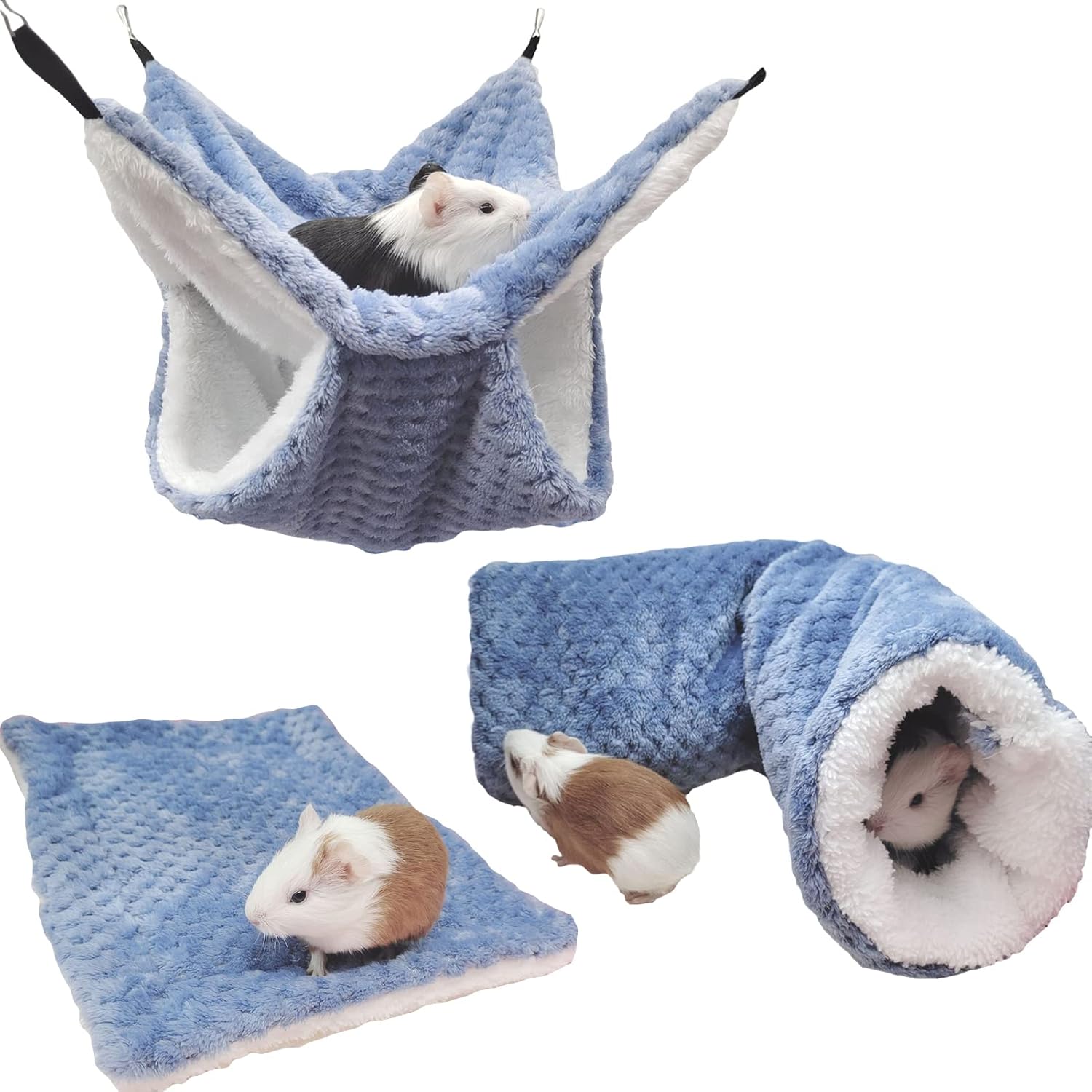 SEIS 3 Pcs Plush Hamster Hammock Set Sugar Glider Hanging Cage Accessories Set Small Animal Hammock Channel Mat for Guinea Pig Rat Gerbil Squirrel Birds Parrot (Blue)