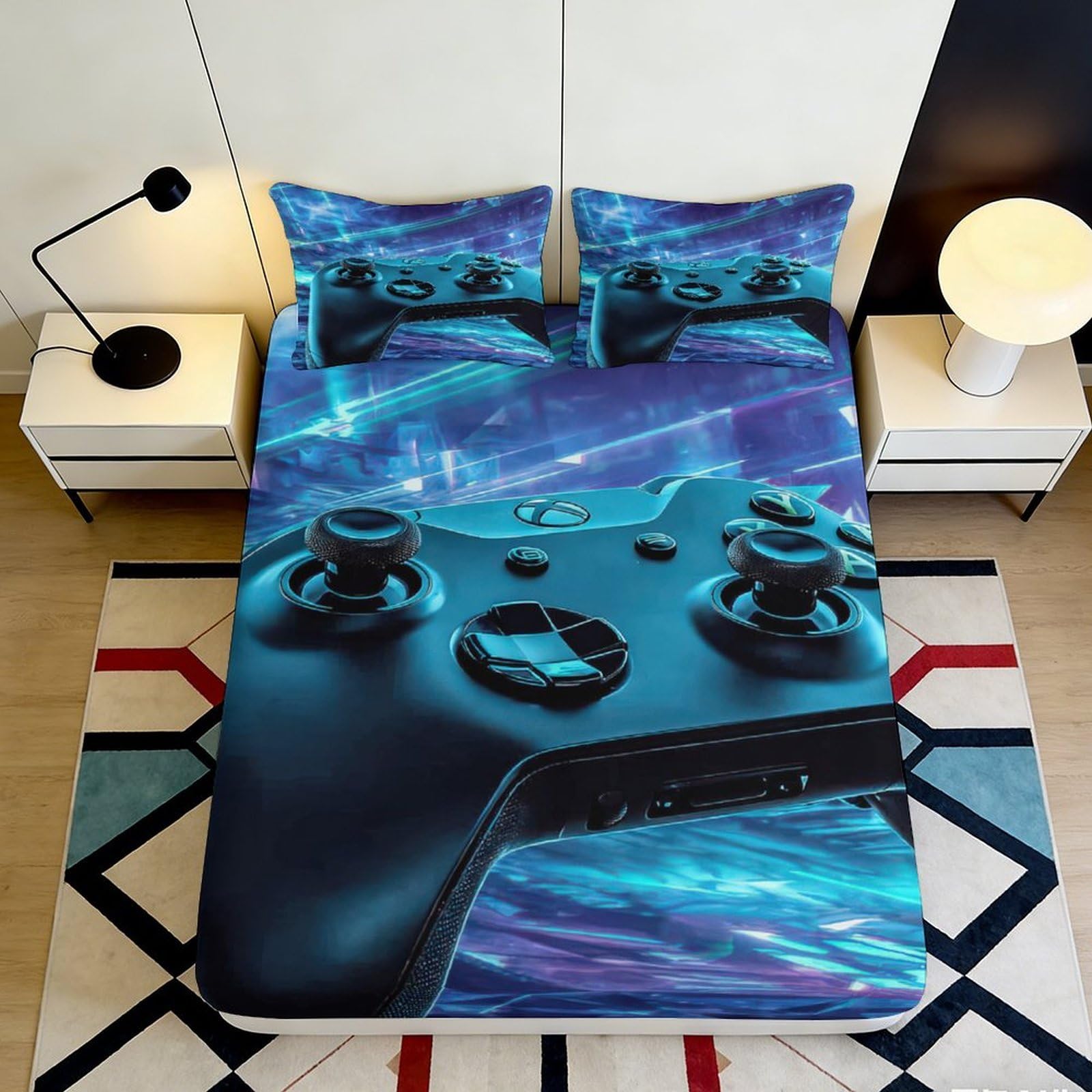 3D Printed Game Controller Fitted Sheet Microfiber Blue Neon Mattress Cover for Bedroom Dorm Protection Decor 90x200x25cm