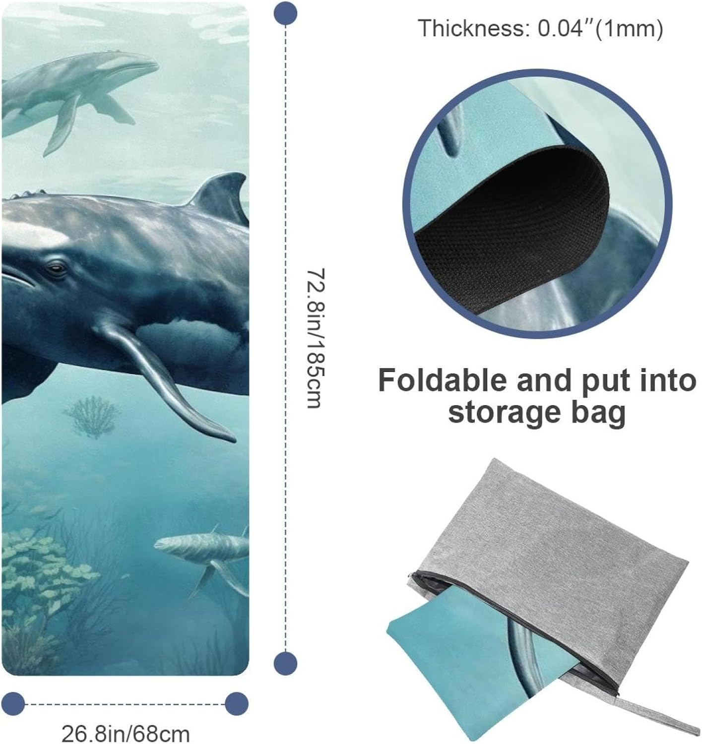 Yoga Towel, Whale Sea Pattern Non Slip Sweat Absorbent Hot Yoga Mat Towel for Hot Yoga, Pilates and Fitness - 72.8" x 26.8"