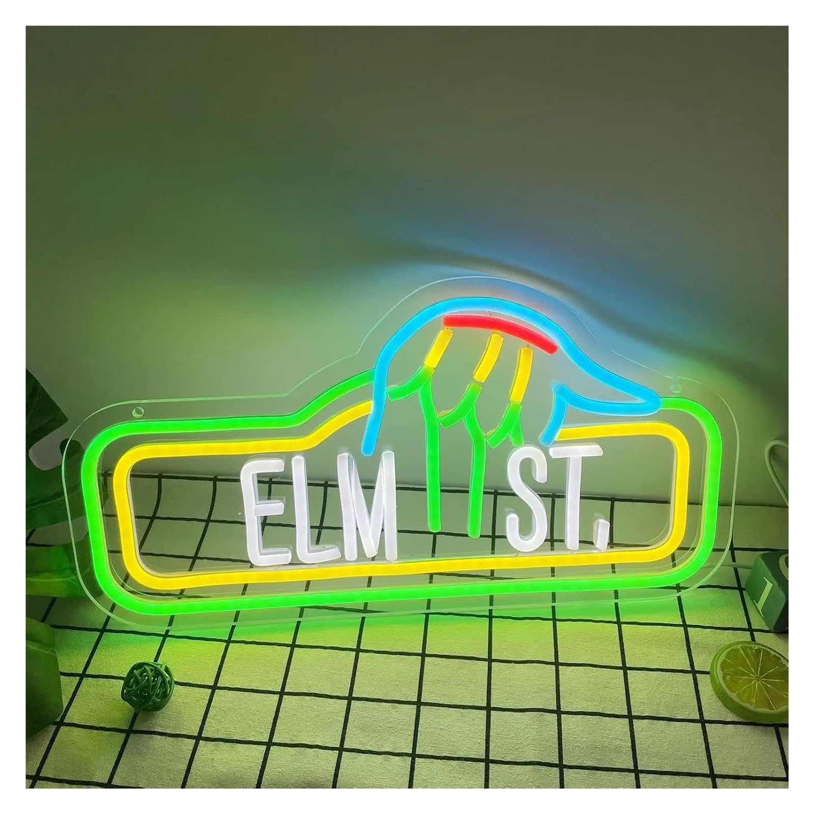 Decoración Lámparas Letrero De Elm Street Con Luz De Neón Verde, USB, Para Aula, Dormitorio, Habitación De Niños, Decoración Para Fiesta, Hogar, Sala De Estar 41.4x21.6cm