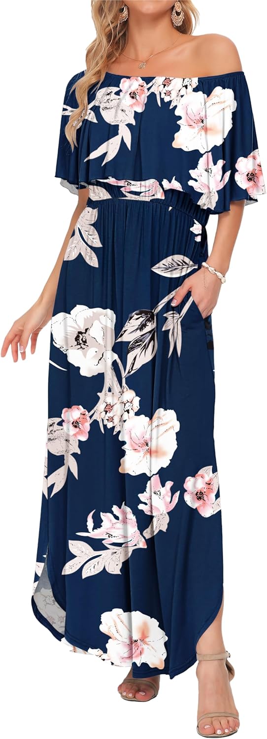 AUSELILY Womens Off The Shoulder Dress Summer Casual Long Ruffle Party Side Split Beach Maxi Dresses with Pockets