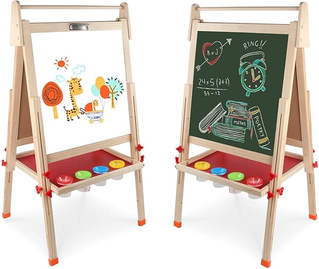 kramow Wooden Kids Easel, Chalkboard and Whiteboard, Height Adjustable, with Painting Accessories, Art Toys Gifts for Kids Boys Girls 3 + Years Old
