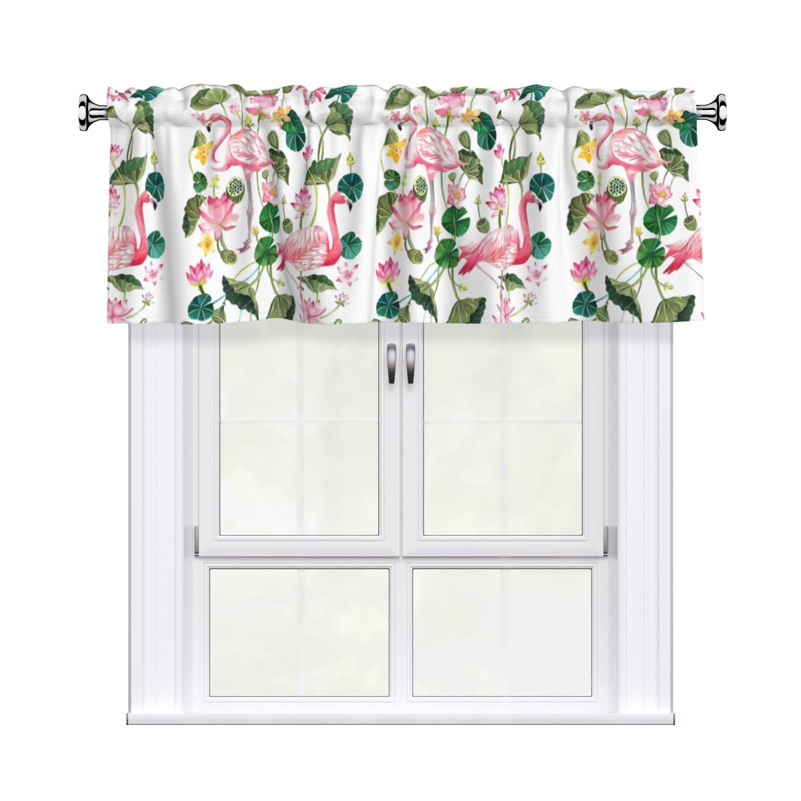 WHJSHOP Flamingo Bird Round Leaves Prints Curtain Valance 54x18 Inch - Peach Skin Window Layer with Delicate Print, Filtered Light for Kitchen Use