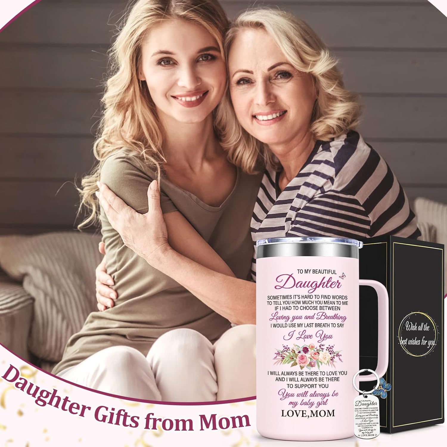 Lifecapido Daughter Gifts from Mom, Mothers Day Gifts for Daughter, You Will Always My Baby Girl Insulated Coffee Mug with Keychain, Lid & Straw(20oz, Rose Quartz)