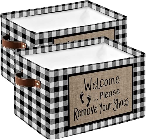 Paquete de 2 cestas de almacenamiento grandes con texto en inglés "Welcome Please Remove Your Zapatos", caja de almacenamiento plegable, organizador