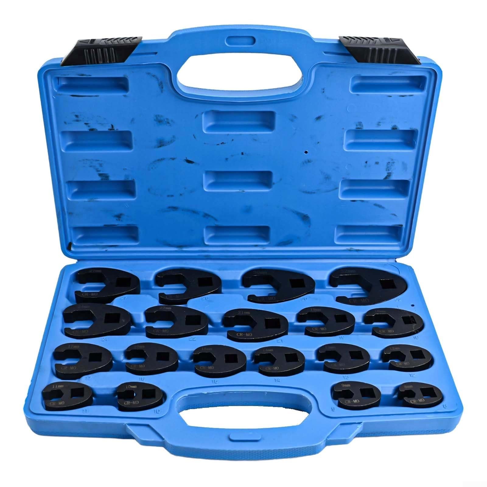 Zestaw kluczy metrycznych Crowfoot Flare 19 elementów do napędów 3/8 i 1/2 cala, wytrzymała walizka do przechowywania uporządkowanej kolekcji kluczy