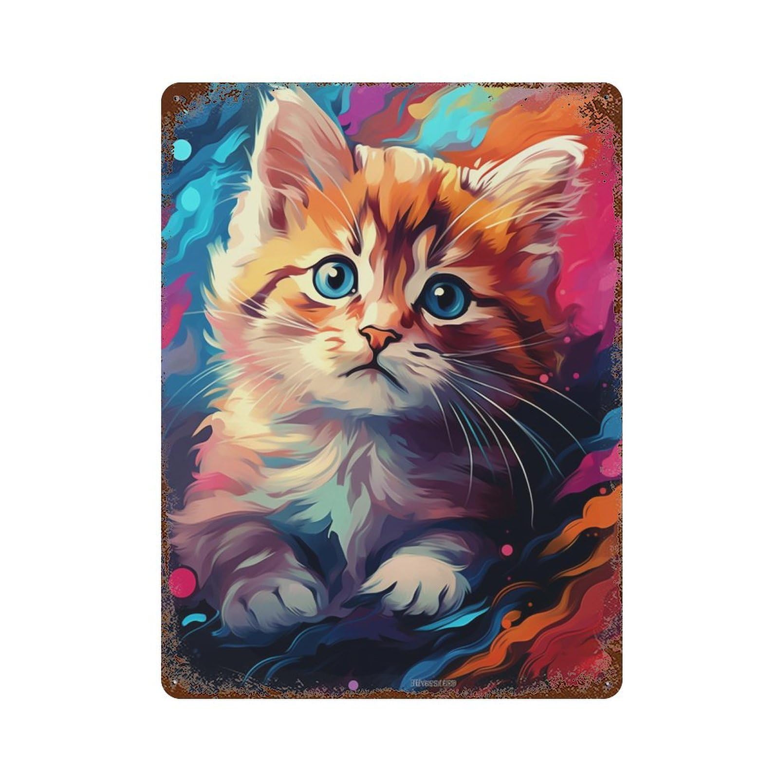 Colorful Kitten Painting-8 Vintage Wall Sign 15.7"x11.8", Rust Effect Metal Decor for Shed, Workshop And Garage Wall Decor