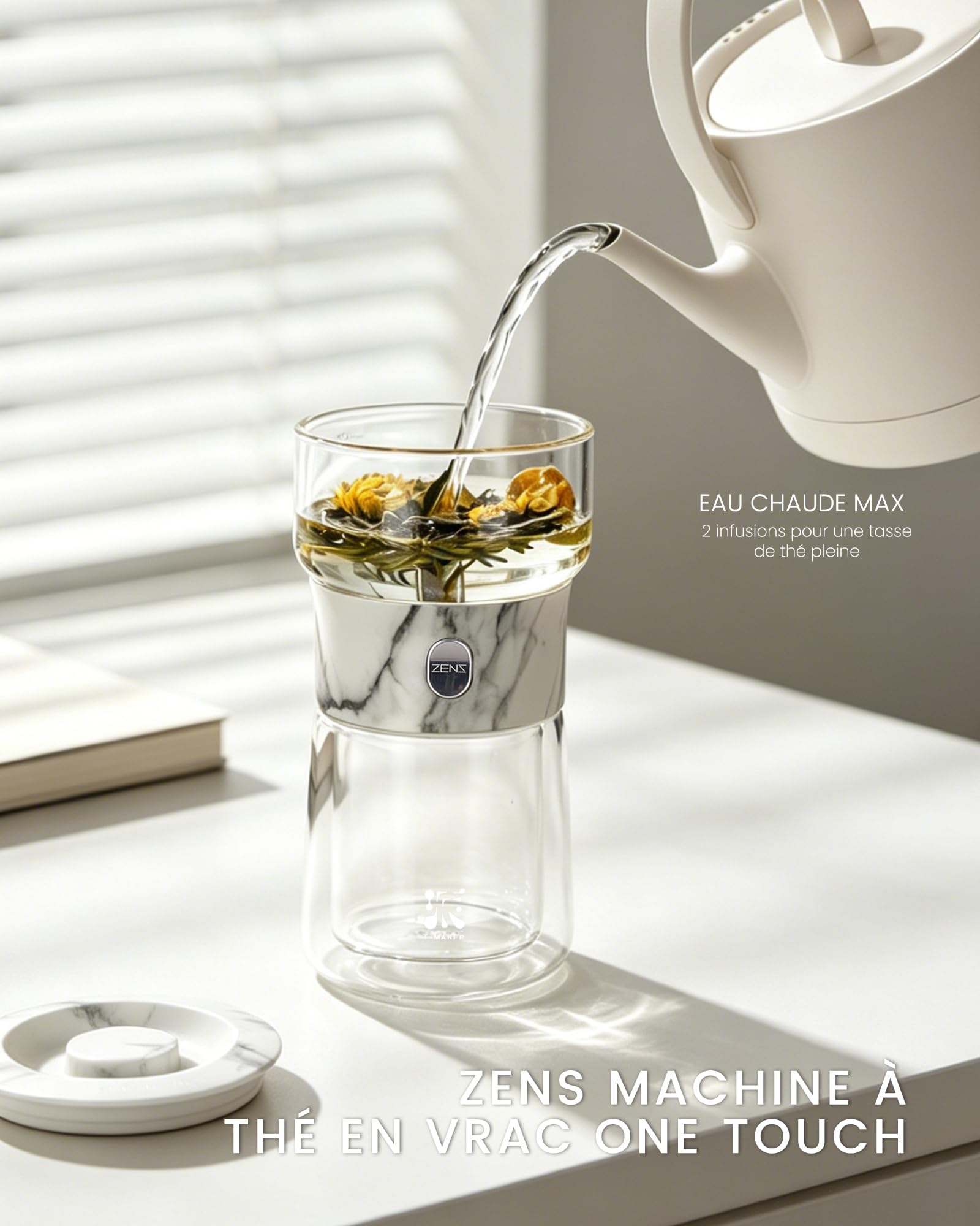 ZENS Teiera con infusore in vetro magico con un tocco | Senza danni. Per tè sfuso. Include tazza termica da 200 ml e borsa da tè portatile. Regalo per gli amanti del tè.