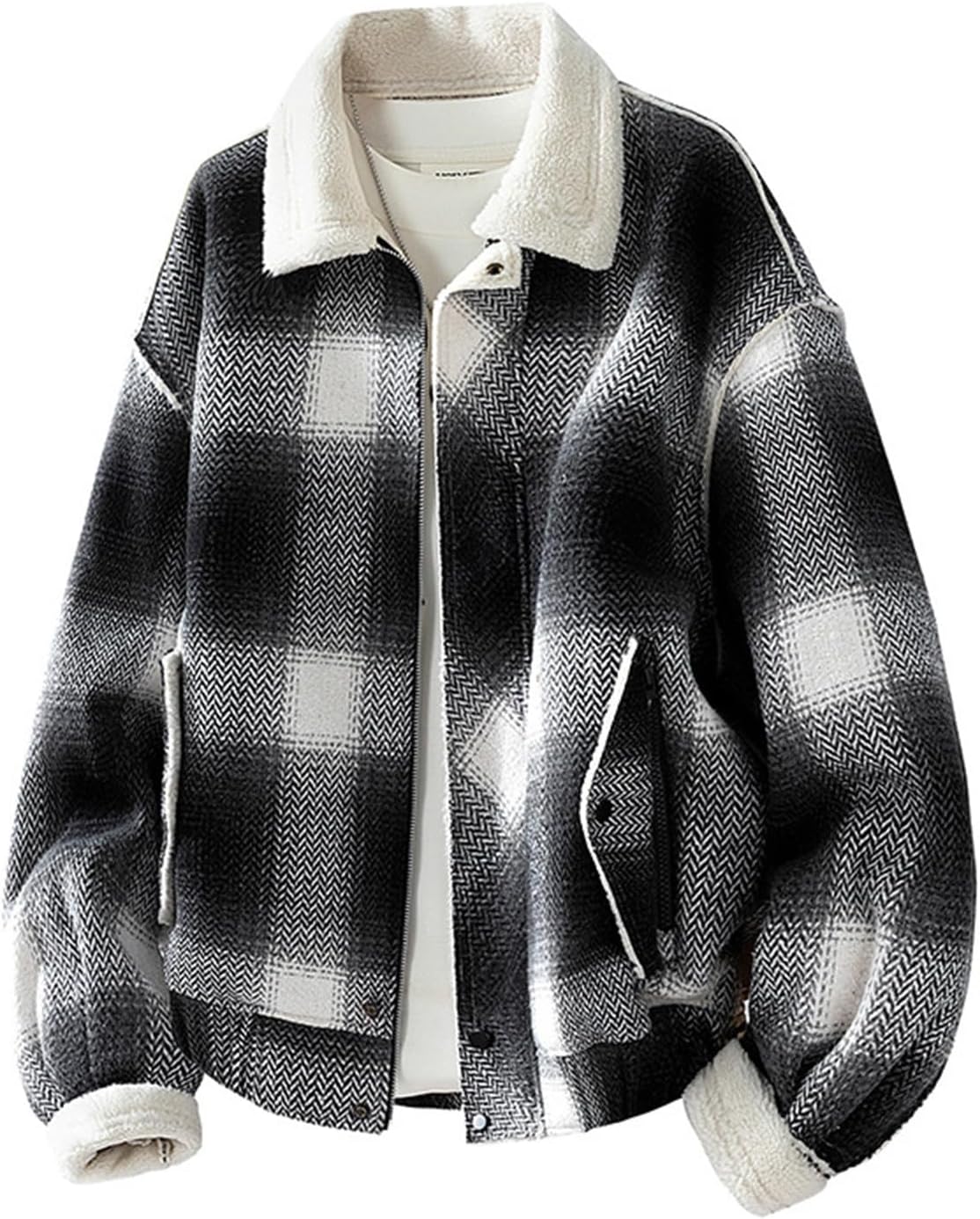 Warm Plaid Printed Jacket for Men Classic Long Sleeve Oversized Coats Warm Soft Chunky Sherpa Lined Winter Outerwear