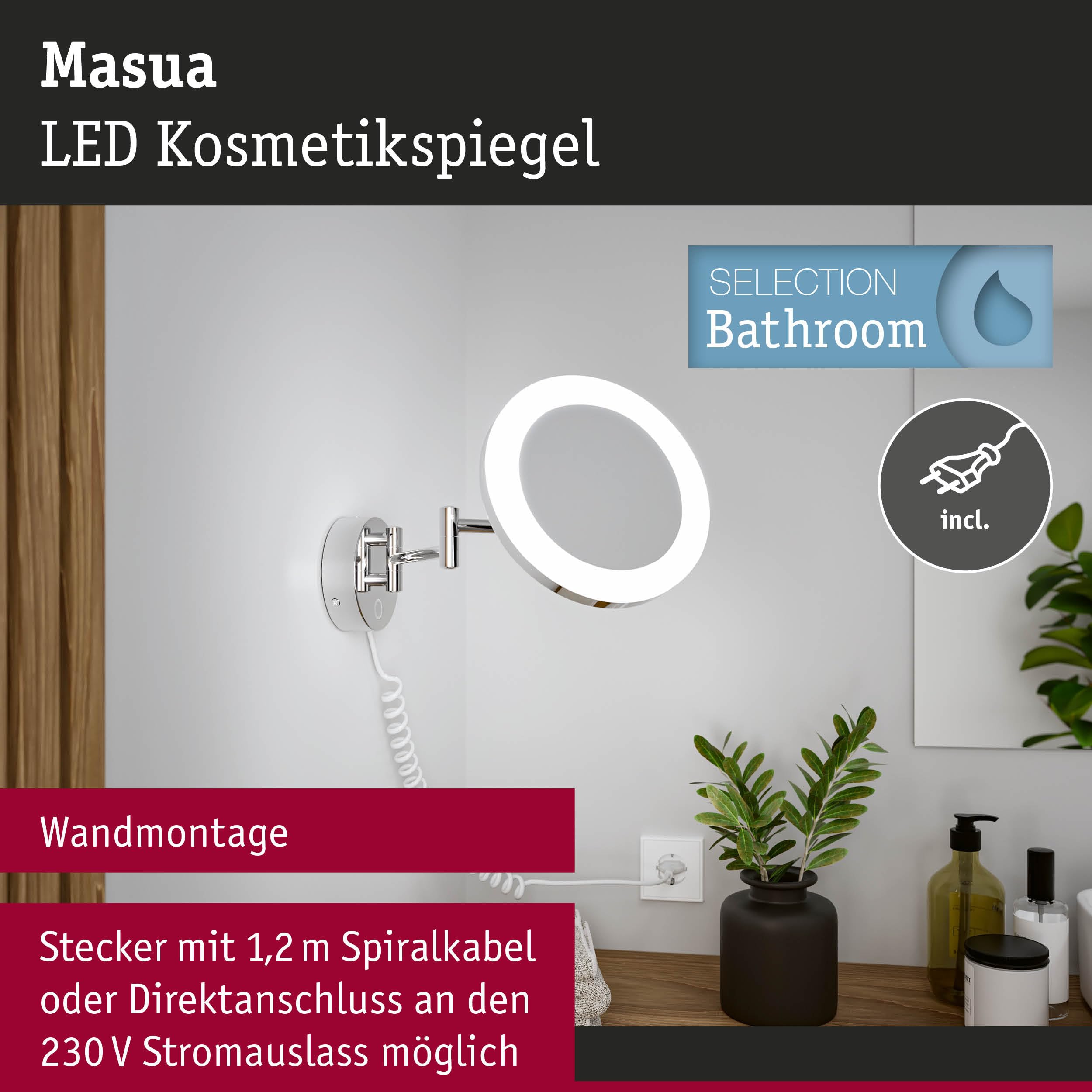 Paulmann 71148 LED Kosmetikspiegel Masua IP44 White Switch 55lm 230V 4W Chrom 3-fach Vergrößerung