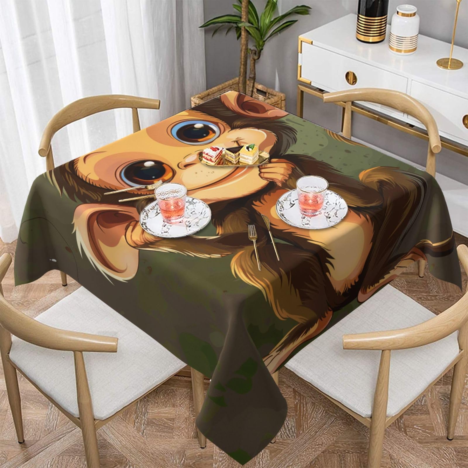 WPKJU Cute Monkey Printed Square Tablecloth 60x60 inch Water Resistant Table Cover Washable Rectangle Table Cloth for Dining Tables