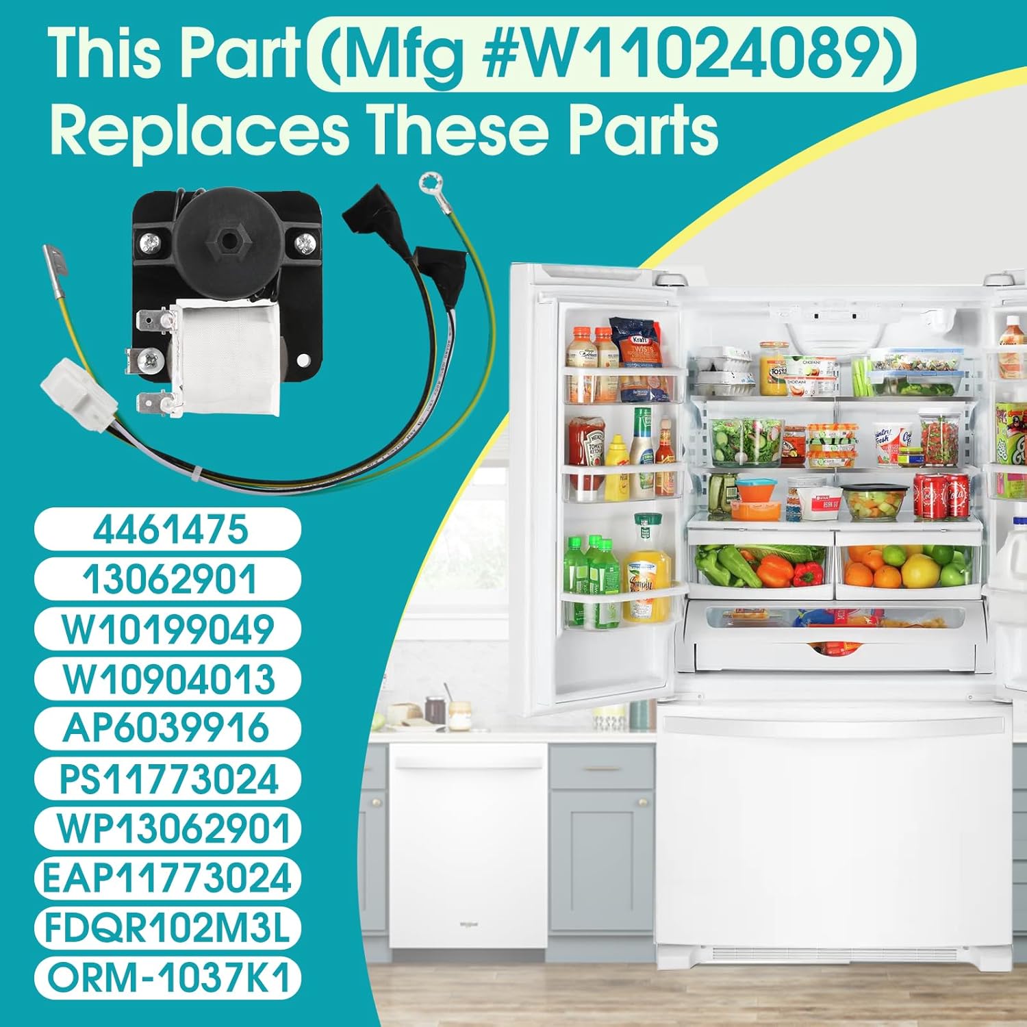 W11024089 Refrigerator Evaporator Fan Motor Compatible with JennAir Kenmore KitchenAid Maytag Whirlpool, Replaces 13062901 W10199049 W10904013 WP13062901 AP6039916 FDQR102M3L ORM-1037K1 etc