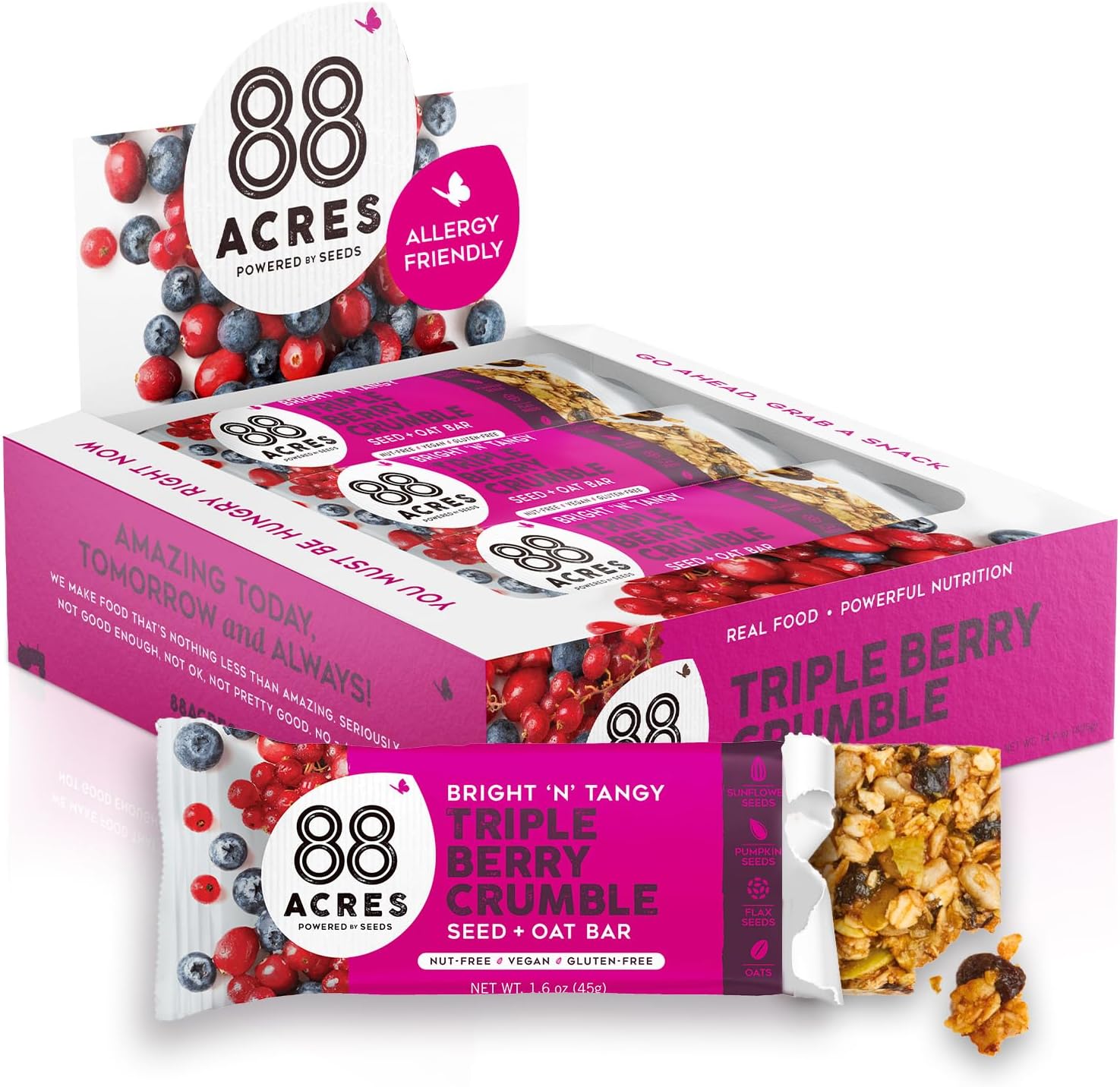 88 Acres Granola Bars, Triple Berry Crumble, 12 Count, School Safe, Allergen Free Seed & Oat Snack Bar, Gluten & Nut Free, Vegan, Non-GMO & Kosher, Individually Wrapped