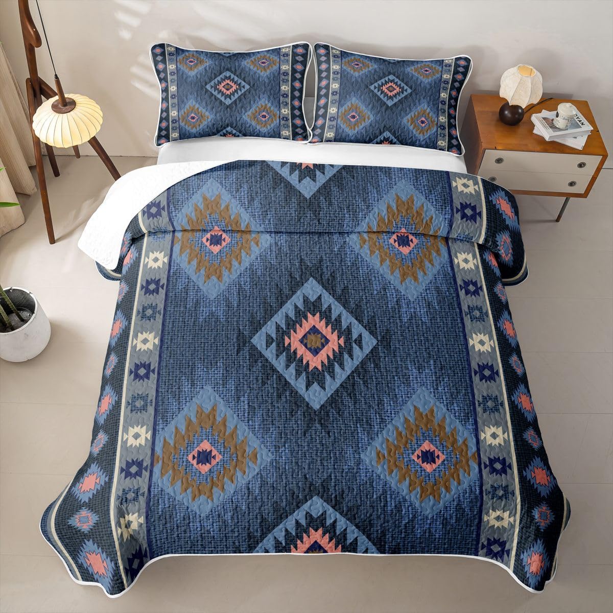 Castle Fairy Southwestern Aztec Quilt Set Queen Size，Geometric Figure Bedding Set 3pcs,Vintage Boho for Kids Boys Girls Room Decor,Navy Blue Piece All Season, 2 Pillow Shams