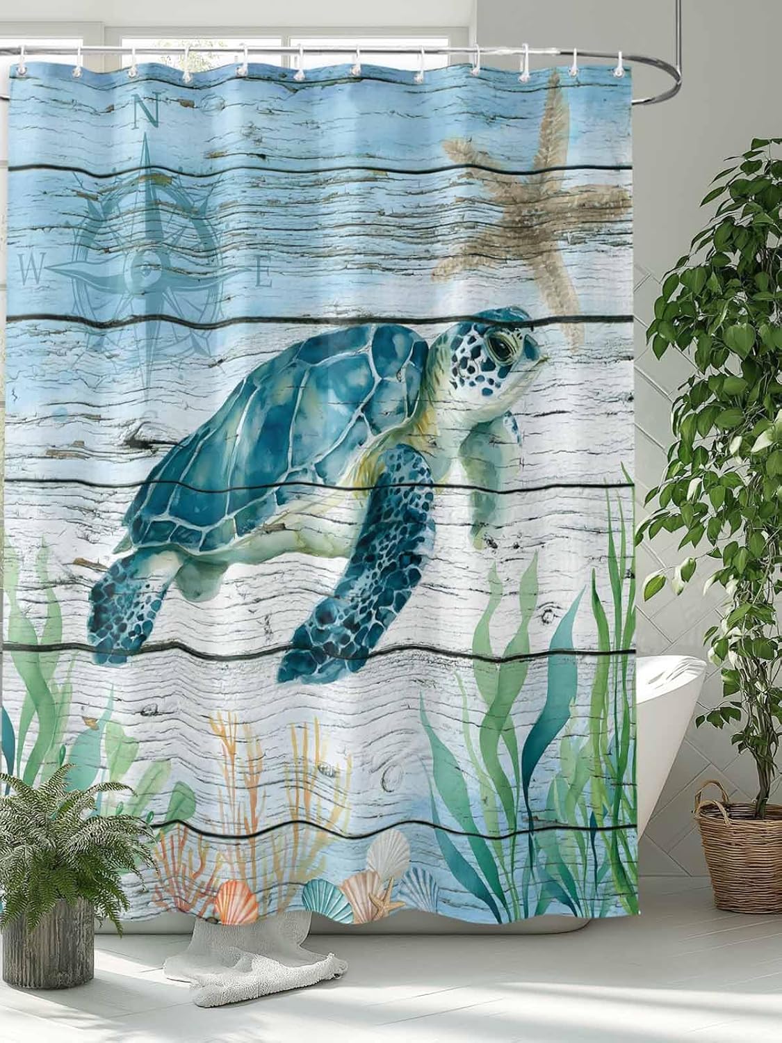 Shower Curtain for Bathroom Underwater Sea Turtle Seaweed Waterproof Bath Curtains Grommet Shower Curtains with Hooks for Bathtubs Toilet Decor 72×84in Compass Starfish on Wood Plank