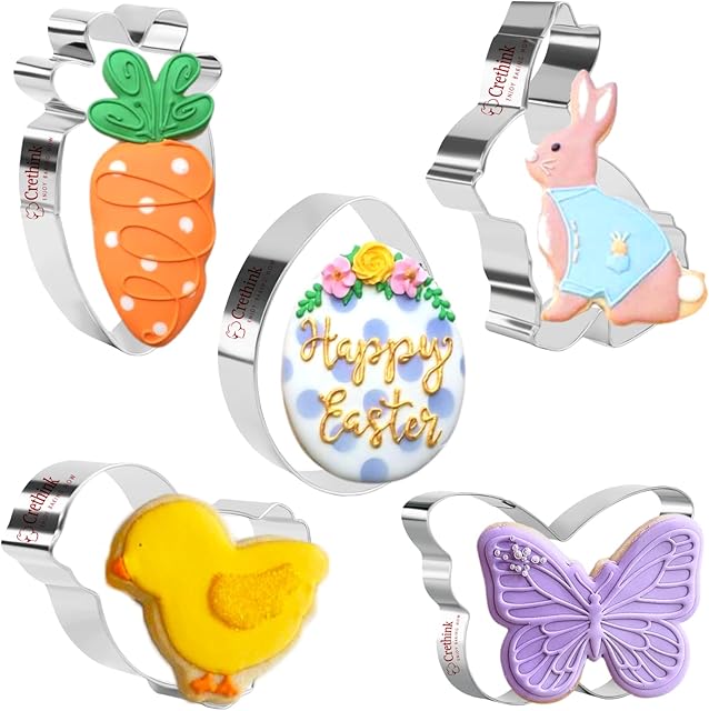 Crethink Easter Cookie Cutters - Easter Egg,Bunny,Chick,Carrot,Butterfly Easter Cookie Cutters Moulds - 5Pieces Cartoon Stainless Steel Biscuit Cutters for Easter&Kids.